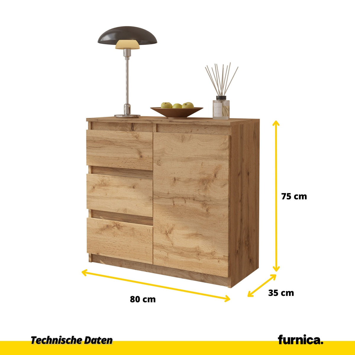 Kommode 80 cm MIKEL, 3 Schubladen 1 Tür, Wotan – Furnica