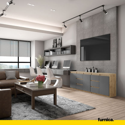 MIKEL - Kommode mit 6 Schubladen und 3 Türen - Schlafzimmer Kommode Aufbewahrung Schrank Sideboard - Wotan Eiche / Anthrazit H75cm B200cm T35cm