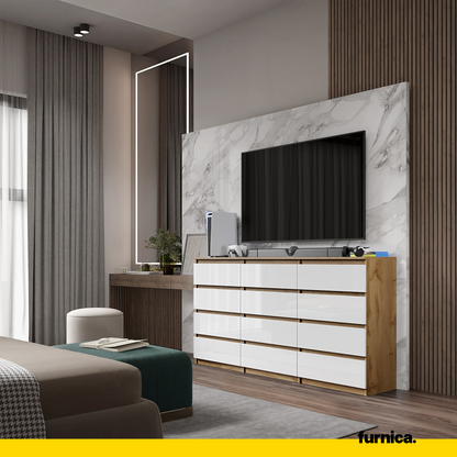 GABRIEL - Kommode / Sideboard mit 12 Schubladen (8+4) - Wotan Eiche / Weiß Gloss H92cm B180cm T33cm