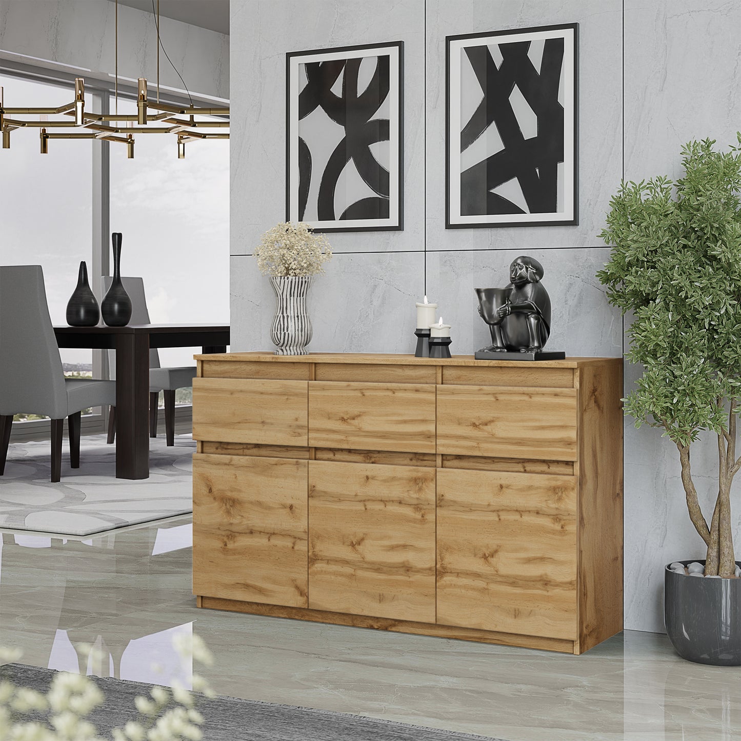 NOAH - Kommode / Sideboard mit 3 Schubladen und 3 Türen - Wotan Eiche H75cm B120cm T35cm