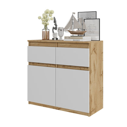 NOAH - Kommode / Sideboard mit 2 Schubladen und 2 Türen - Wotan Eiche / Weiß Matt H75cm B80cm T35cm