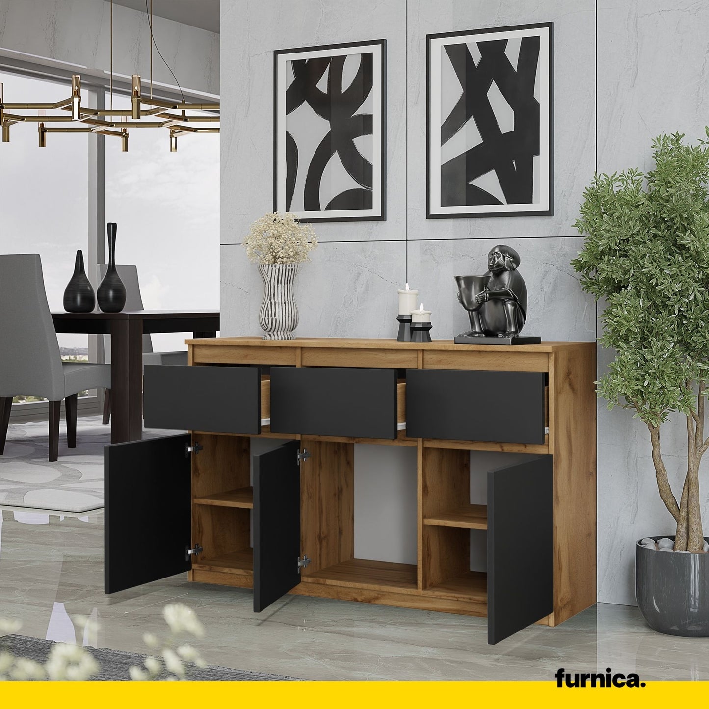 NOAH - Kommode / Sideboard mit 3 Schubladen und 3 Türen - Wotan Eiche / Anthrazit Grau H75cm B120cm T35cm