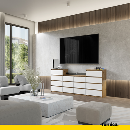GABRIEL - Kommode / Sideboard mit 14 Schubladen (4+6+4) - Wotan Eiche / Weiß Matt H92/70cm B220cm T33cm