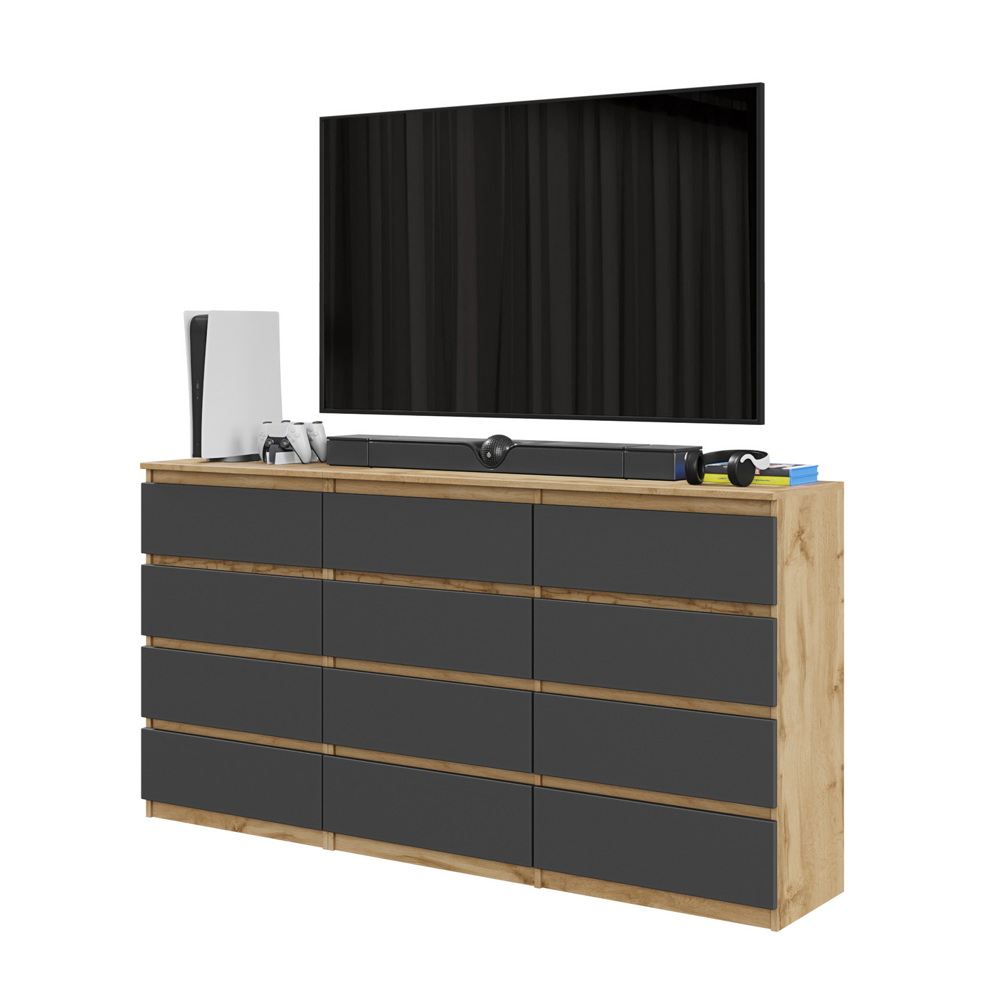 GABRIEL - Kommode / Sideboard mit 12 Schubladen (8+4) - Wotan Eiche / Anthrazit H92cm B180cm T33cm