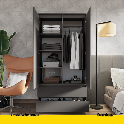 JOELLE - Kleiderschrank mit 2 Türen und 2 Schubladen -  Anthrazit H180cm B90cm T50cm