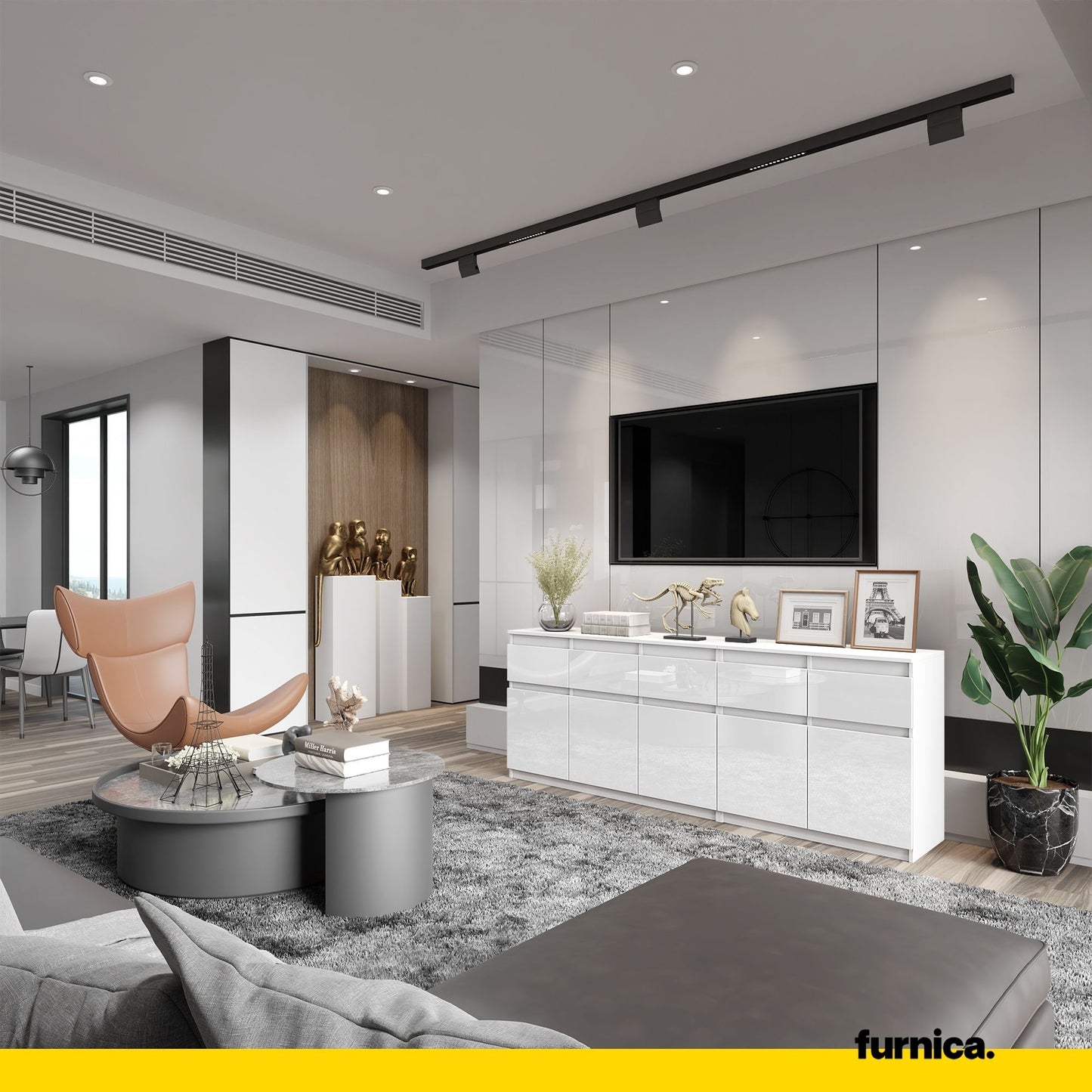 NOAH - Kommode mit 5 Schubladen und 5 Türen - Schlafzimmer Kommode Aufbewahrung Schrank Sideboard - Weiß Matt / Weiß Glanz H75cm B200cm T35cm