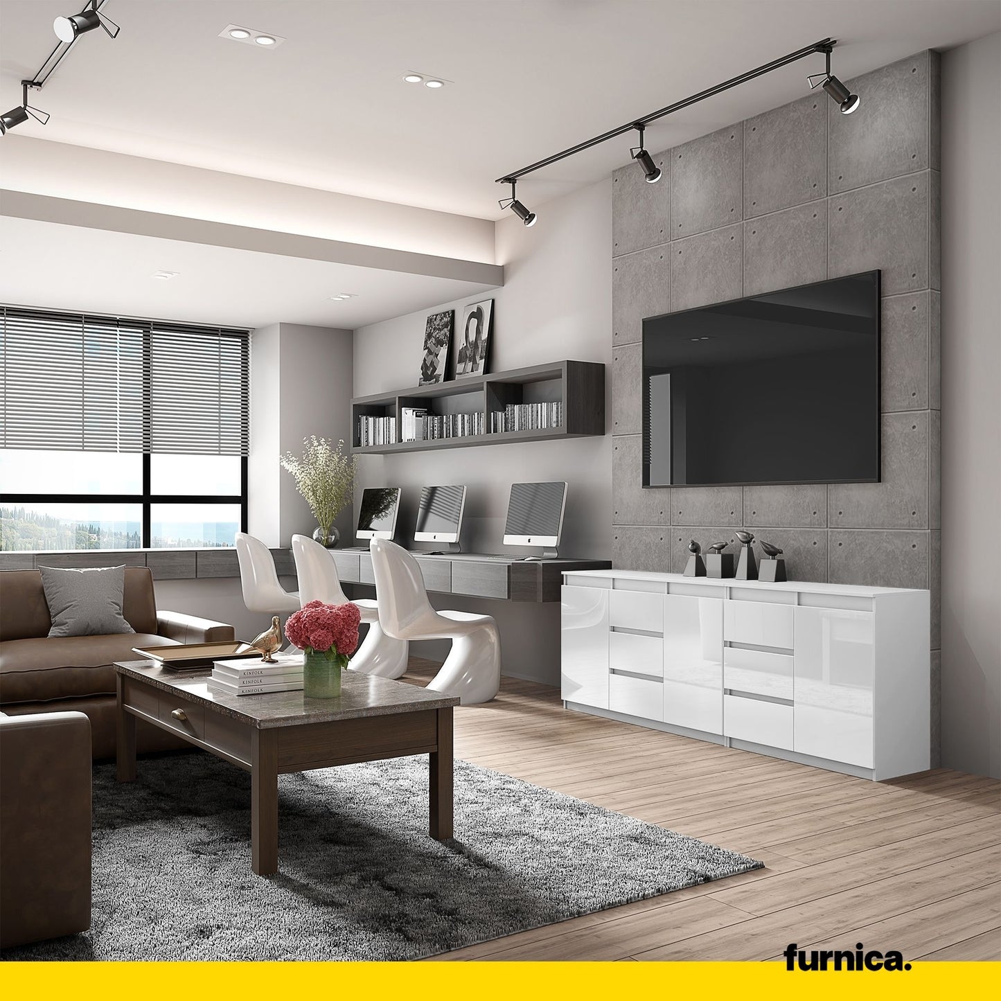 MIKEL - Kommode mit 6 Schubladen und 3 Türen - Schlafzimmer Kommode Aufbewahrungsschrank Sideboard - Weiß Matt / Weiß Glanz H75cm B200cm T35cm