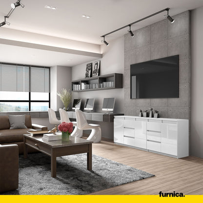 MIKEL - Kommode mit 6 Schubladen und 3 Türen - Schlafzimmer Kommode Aufbewahrungsschrank Sideboard - Weiß Matt / Weiß Glanz H75cm B200cm T35cm