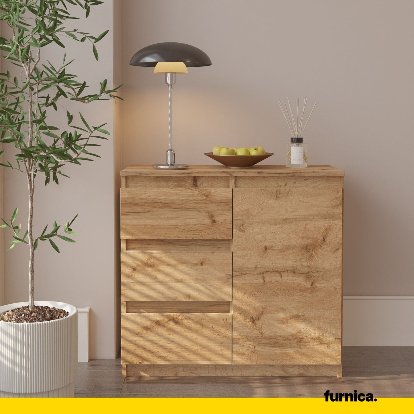 MIKEL - Kommode / Sideboard mit 3 Schubladen und 1 Tür - Wotan Eiche H75cm B80cm T35cm