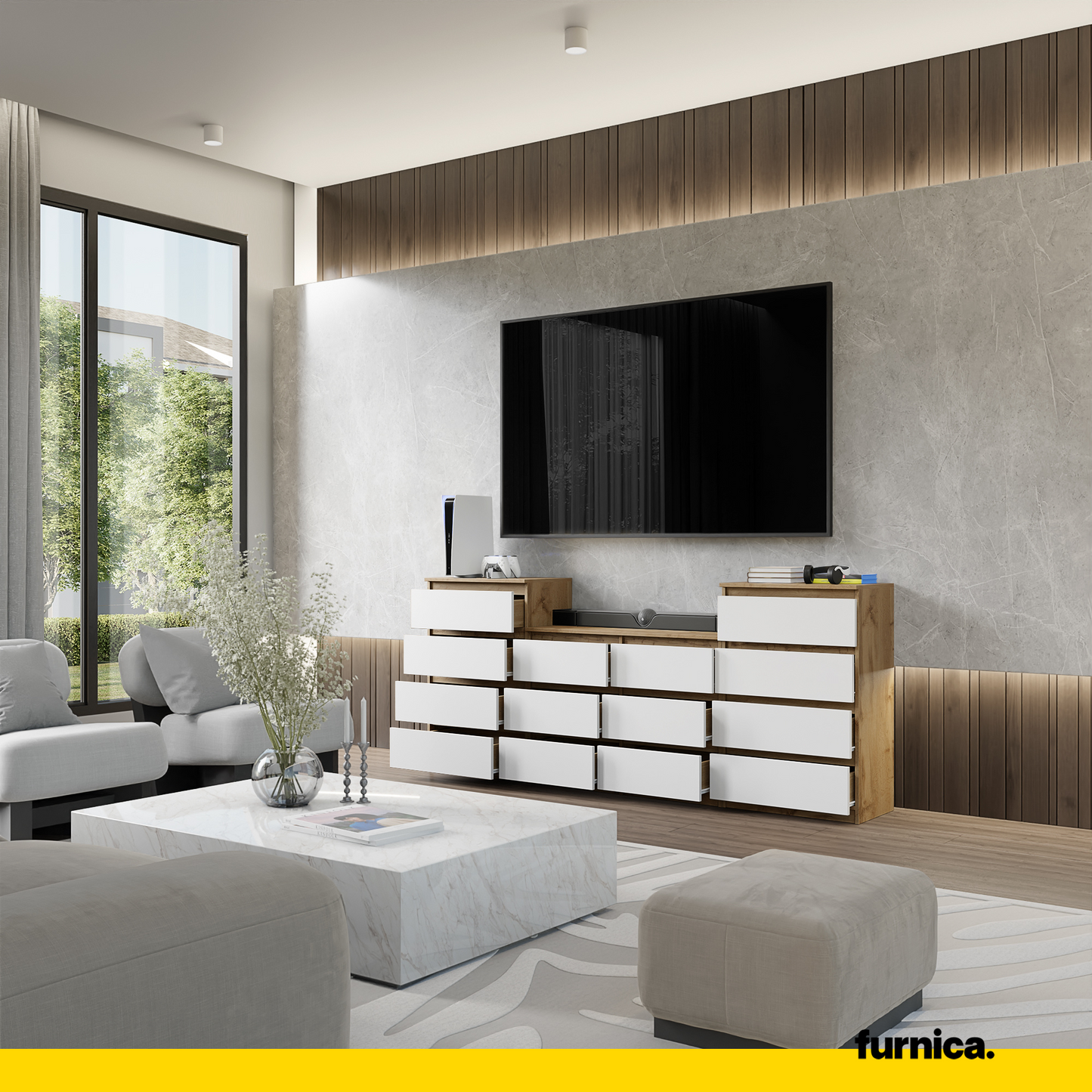 GABRIEL - Kommode / Sideboard mit 14 Schubladen (4+6+4) - Wotan Eiche / Weiß Matt H92/70cm B220cm T33cm