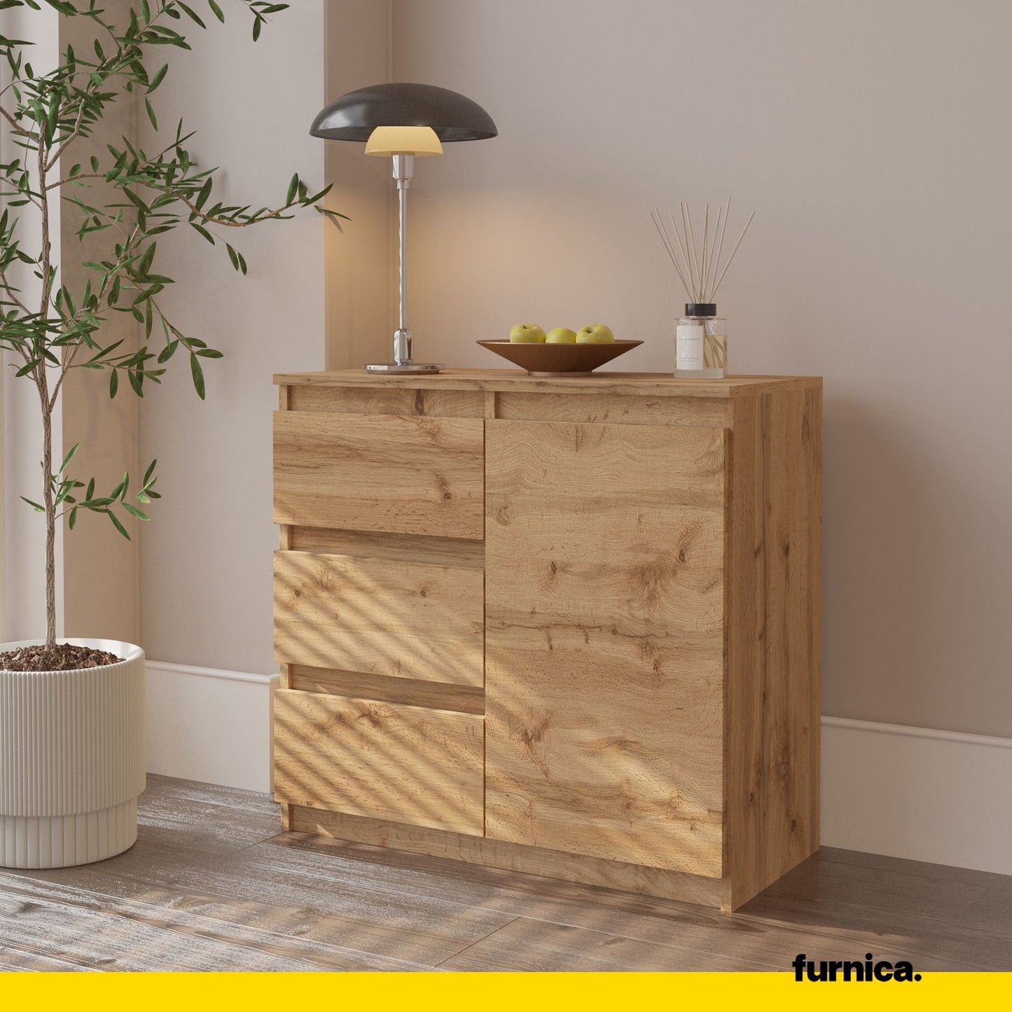 MIKEL - Kommode / Sideboard mit 3 Schubladen und 1 Tür - Wotan Eiche H75cm B80cm T35cm