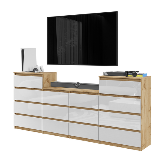GABRIEL - Kommode / Sideboard mit 14 Schubladen (4+6+4) - Wotan Eiche / Weiß Gloss H92/70cm B220cm T33cm
