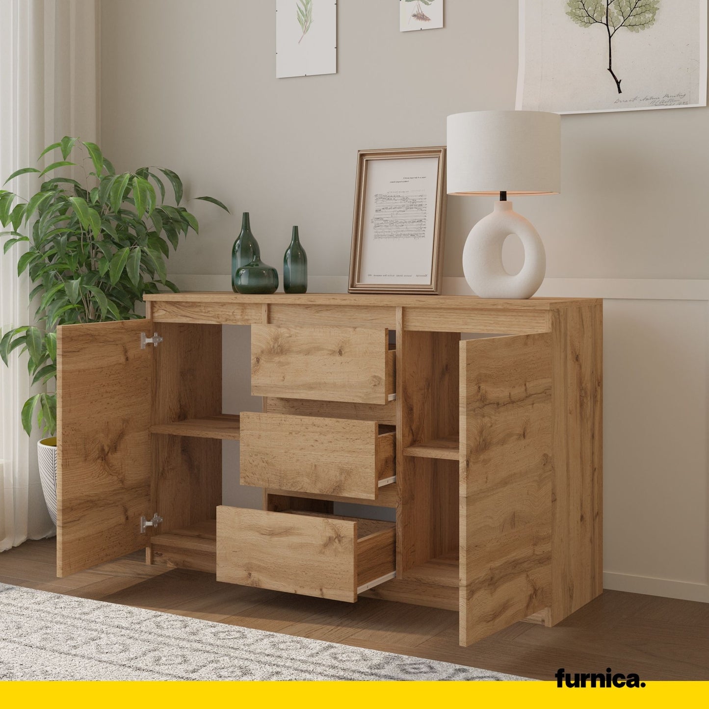 MIKEL - Kommode / Sideboard mit 3 Schubladen und 2 Türen - Wotan Eiche H75cm B120cm T35cm