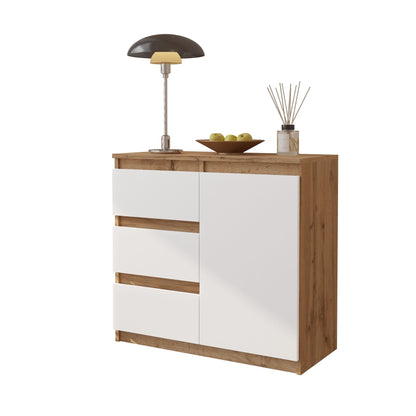 MIKEL - Kommode / Sideboard mit 3 Schubladen und 1 Tür - Wotan Eiche / Weiß Matt H75cm B80cm T35cm