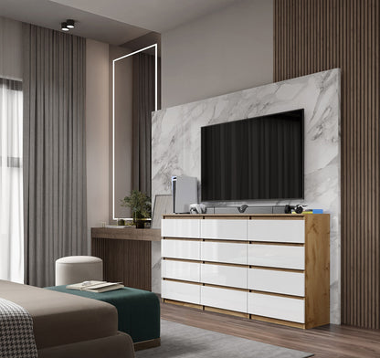 GABRIEL - Kommode / Sideboard mit 12 Schubladen (8+4) - Wotan Eiche / Weiß Gloss H92cm B180cm T33cm
