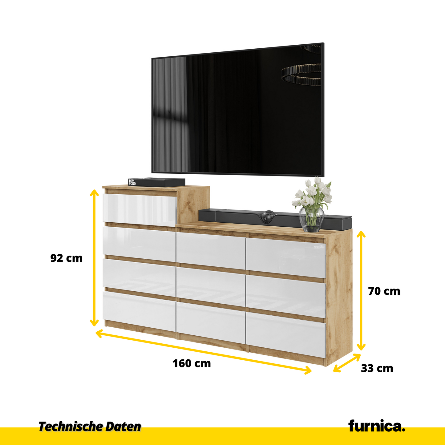 GABRIEL - Kommode / Sideboard mit 10 Schubladen (6+4) - Wotan Eiche / Weiß Gloss H92/70cm B160cm T33cm