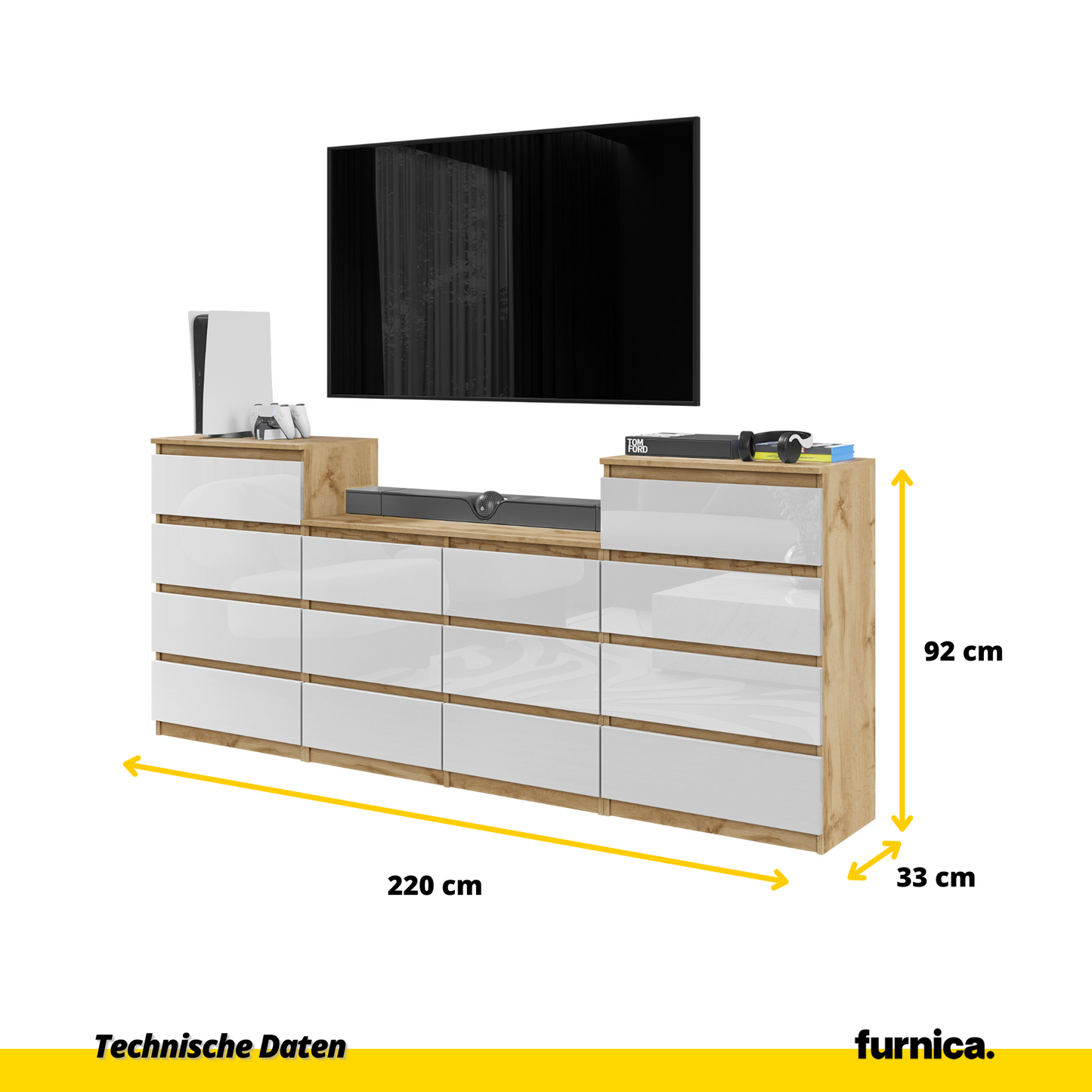 GABRIEL - Kommode / Sideboard mit 14 Schubladen (4+6+4) - Wotan Eiche / Weiß Gloss H92/70cm B220cm T33cm