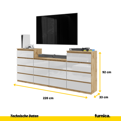 GABRIEL - Kommode / Sideboard mit 14 Schubladen (4+6+4) - Wotan Eiche / Weiß Gloss H92/70cm B220cm T33cm