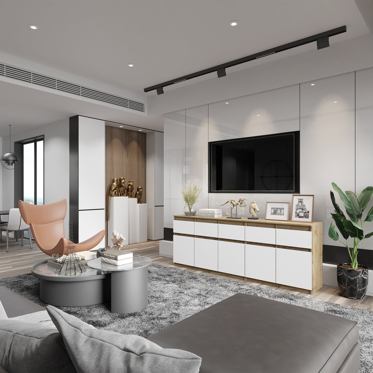 NOAH - Kommode mit 5 Schubladen und 5 Türen - Schlafzimmer Kommode Aufbewahrung Schrank Sideboard - Wotan Eiche / Weiß Matt H75cm B200cm T35cm