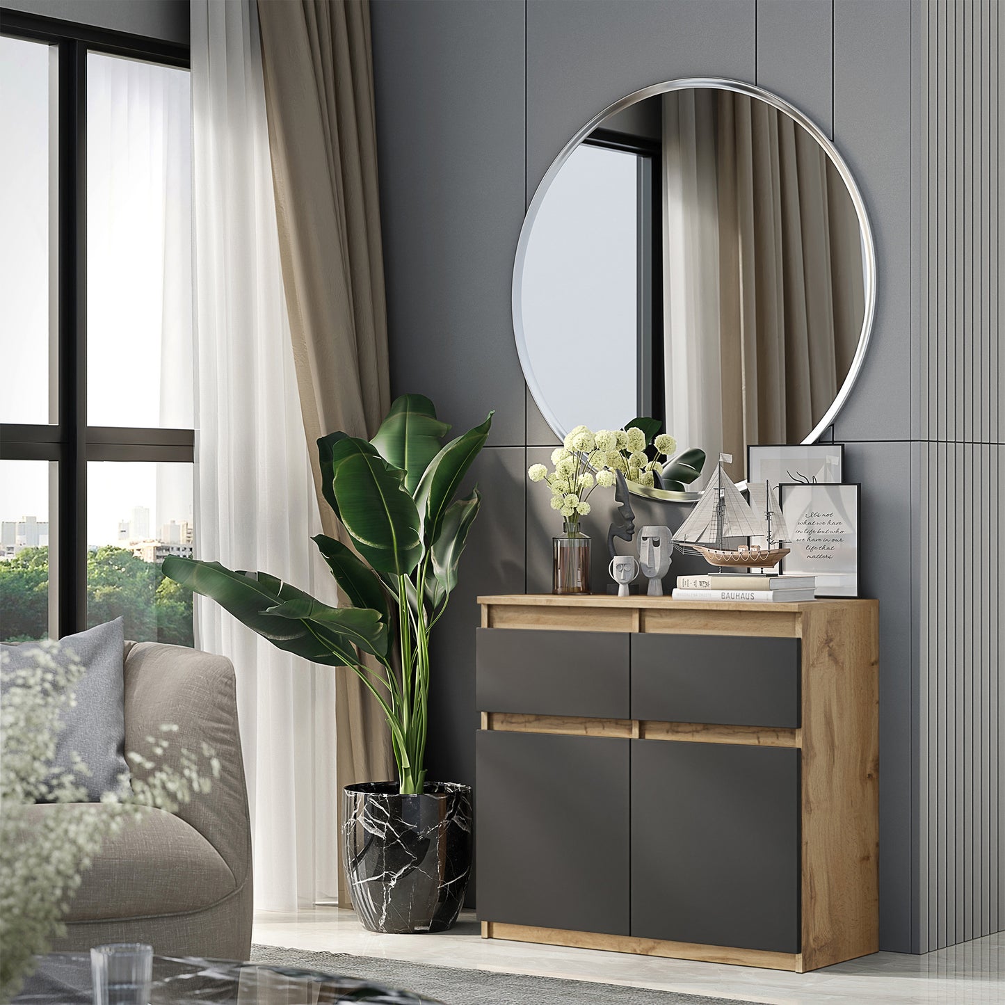 NOAH - Kommode / Sideboard mit 2 Schubladen und 2 Türen - Wotan Eiche / Anthrazit Grau H75cm B80cm T35cm