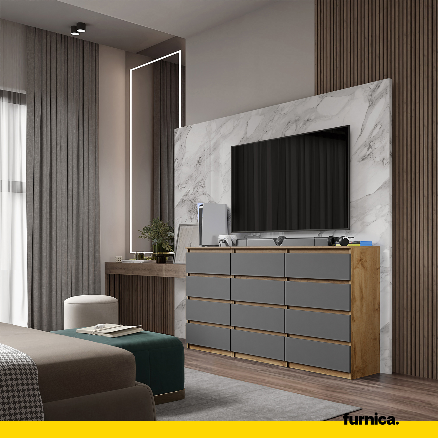 GABRIEL - Kommode / Sideboard mit 12 Schubladen (8+4) - Wotan Eiche / Anthrazit H92cm B180cm T33cm