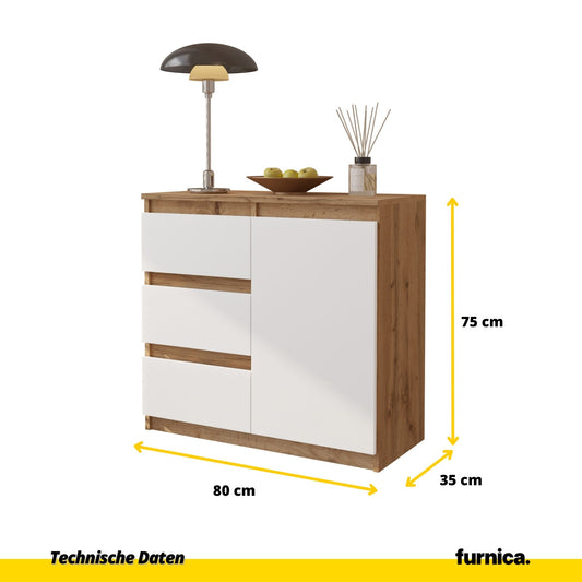 MIKEL - Kommode / Sideboard mit 3 Schubladen und 1 Tür - Wotan Eiche / Weiß Matt H75cm B80cm T35cm