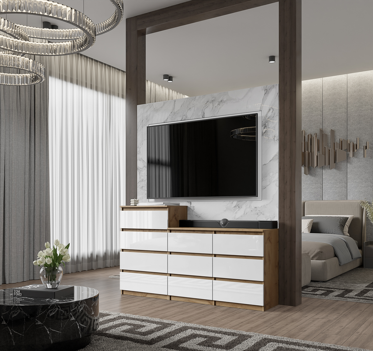 GABRIEL - Kommode / Sideboard mit 10 Schubladen (6+4) - Wotan Eiche / Weiß Gloss H92/70cm B160cm T33cm