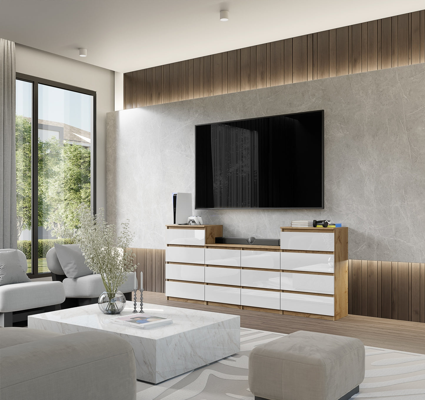 GABRIEL - Kommode / Sideboard mit 14 Schubladen (4+6+4) - Wotan Eiche / Weiß Gloss H92/70cm B220cm T33cm
