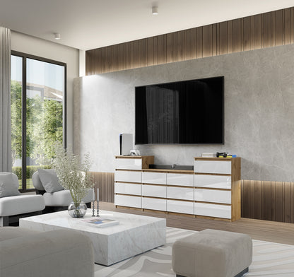 GABRIEL - Kommode / Sideboard mit 14 Schubladen (4+6+4) - Wotan Eiche / Weiß Gloss H92/70cm B220cm T33cm