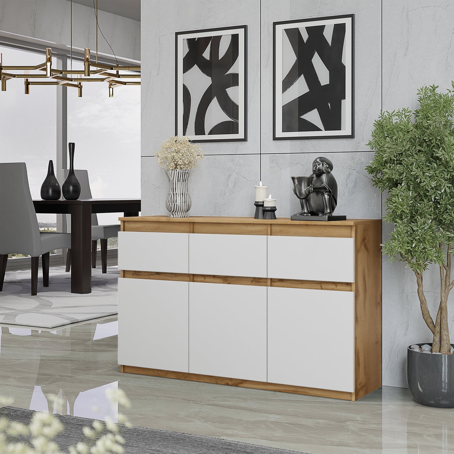 NOAH - Kommode / Sideboard mit 3 Schubladen und 3 Türen - Wotan Eiche / Weiß Matt H75cm B120cm T35cm