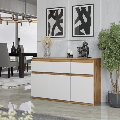 NOAH - Kommode / Sideboard mit 3 Schubladen und 3 Türen - Wotan Eiche / Weiß Matt H75cm B120cm T35cm