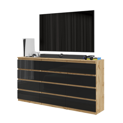 GABRIEL - Kommode / Sideboard mit 12 Schubladen (8+4) - Wotan Eiche / Schwarz Gloss H92cm B180cm T33cm