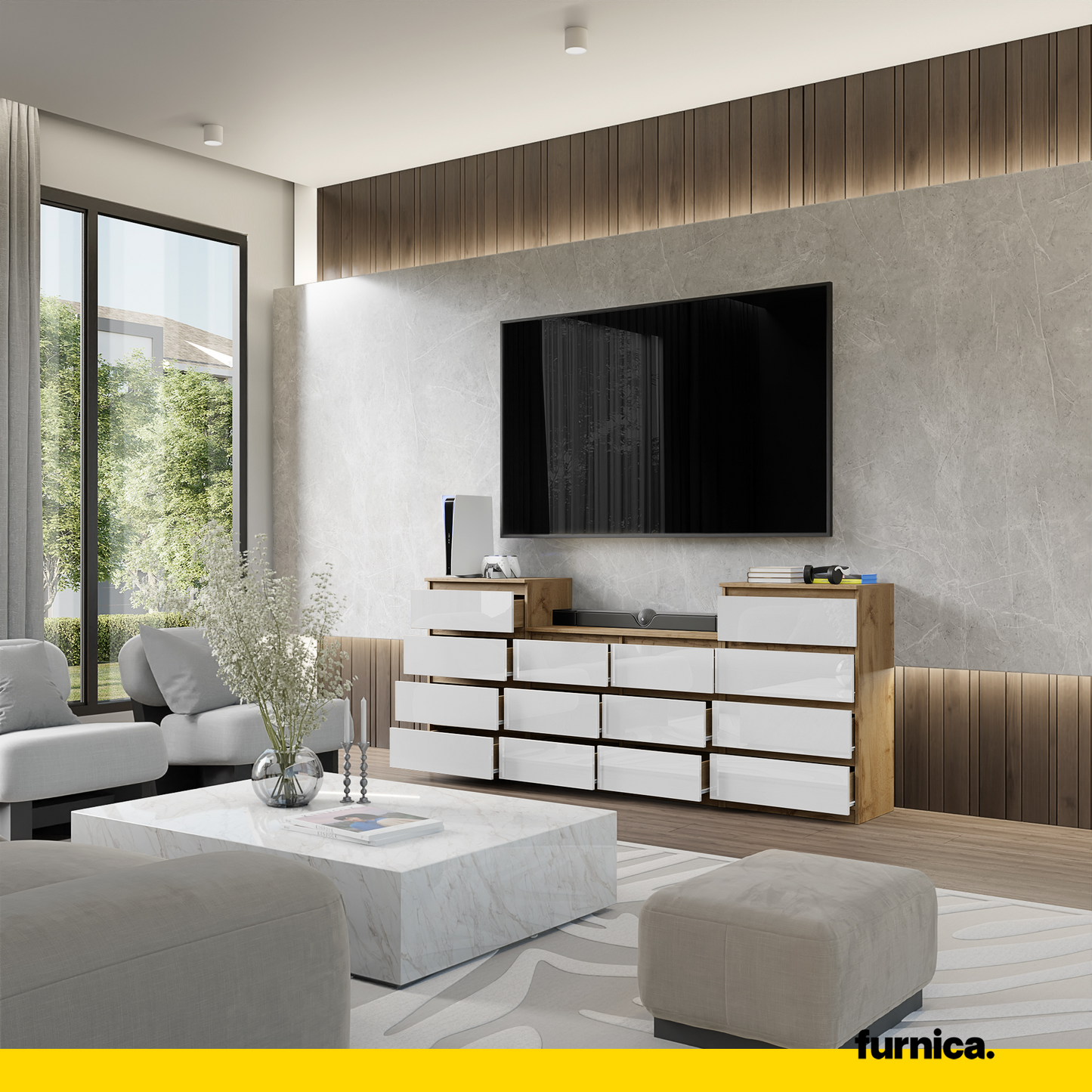 GABRIEL - Kommode / Sideboard mit 14 Schubladen (4+6+4) - Wotan Eiche / Weiß Gloss H92/70cm B220cm T33cm