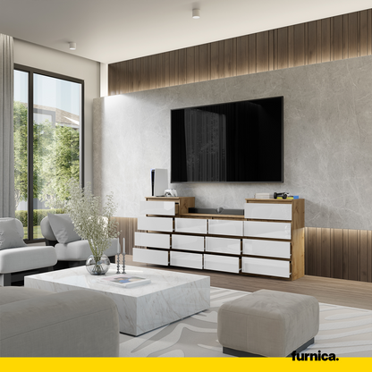 GABRIEL - Kommode / Sideboard mit 14 Schubladen (4+6+4) - Wotan Eiche / Weiß Gloss H92/70cm B220cm T33cm
