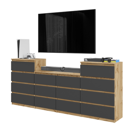 GABRIEL - Kommode / Sideboard mit 14 Schubladen (4+6+4) - Wotan Eiche / Anthrazit H92/70cm B220cm T33cm