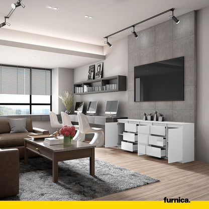 MIKEL - Kommode mit 6 Schubladen und 3 Türen - Schlafzimmer Kommode Aufbewahrungsschrank Sideboard - Weiß Matt / Weiß Glanz H75cm B200cm T35cm