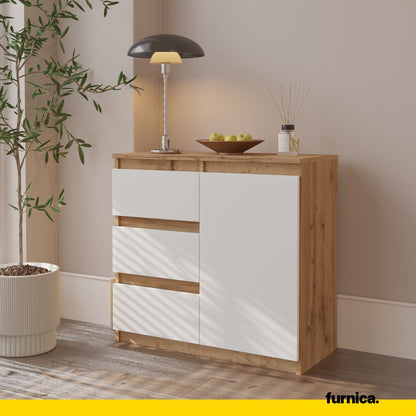 MIKEL - Kommode / Sideboard mit 3 Schubladen und 1 Tür - Wotan Eiche / Weiß Matt H75cm B80cm T35cm