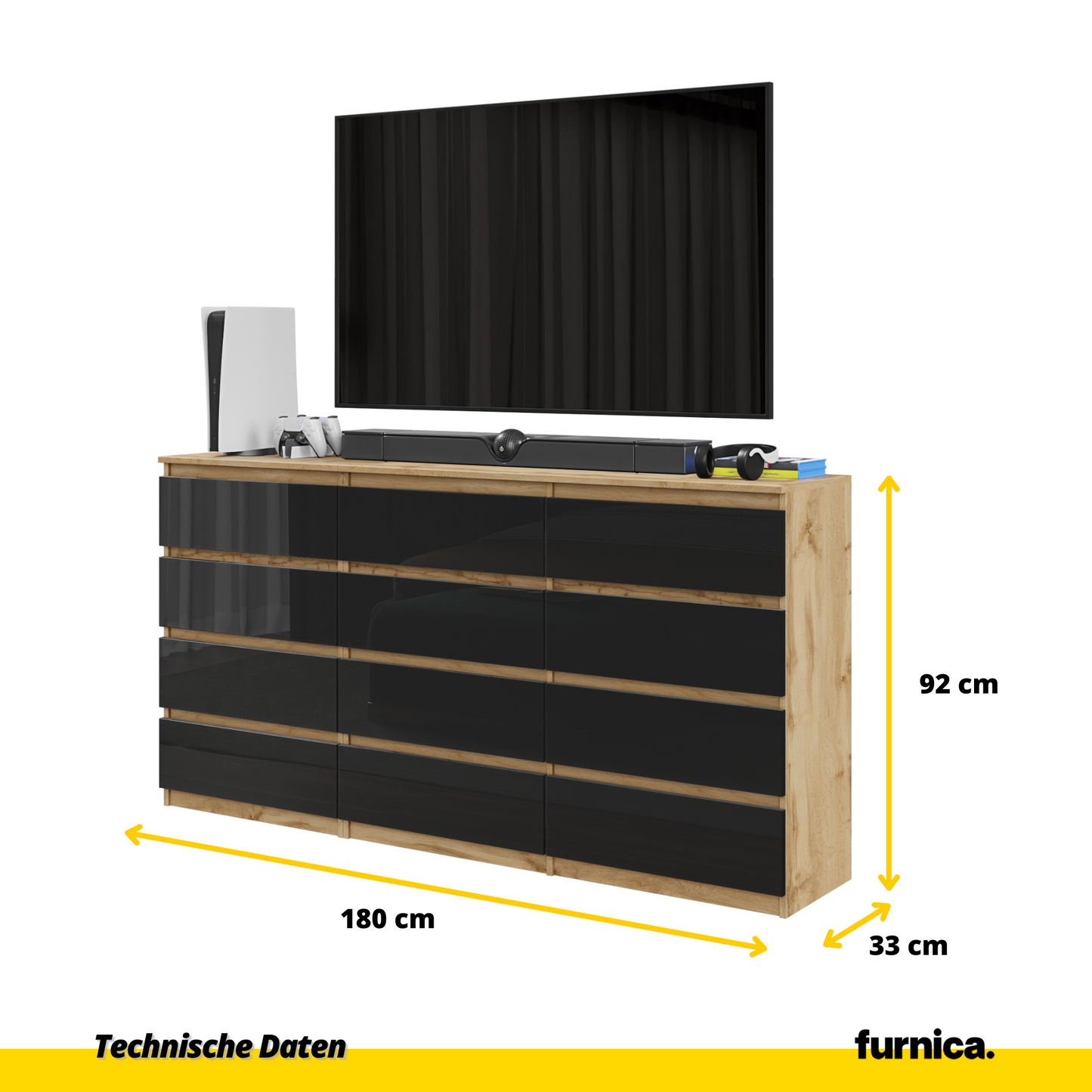 GABRIEL - Kommode / Sideboard mit 12 Schubladen (8+4) - Wotan Eiche / Schwarz Gloss H92cm B180cm T33cm