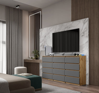 GABRIEL - Kommode / Sideboard mit 12 Schubladen (8+4) - Wotan Eiche / Anthrazit H92cm B180cm T33cm