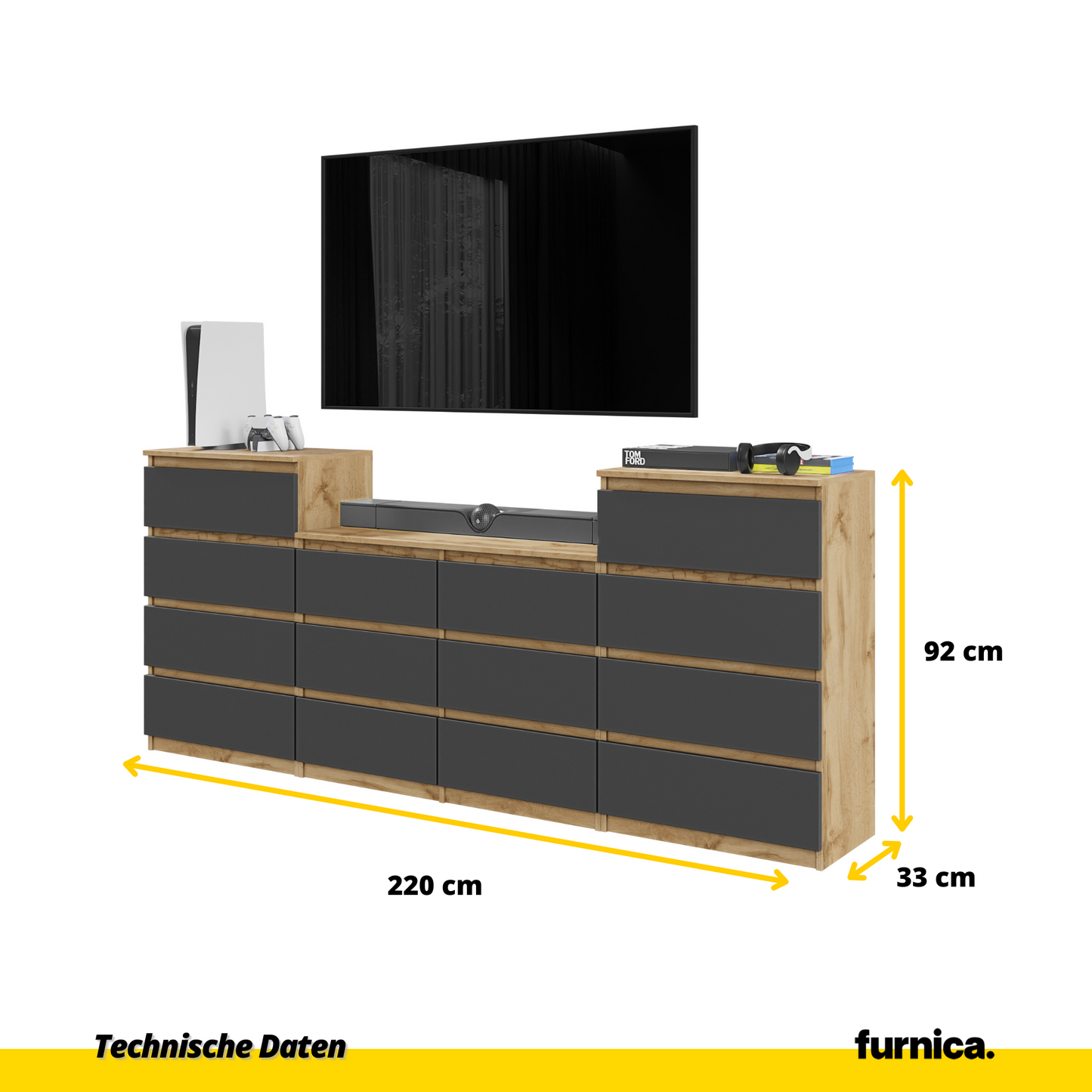 GABRIEL - Kommode / Sideboard mit 14 Schubladen (4+6+4) - Wotan Eiche / Anthrazit H92/70cm B220cm T33cm