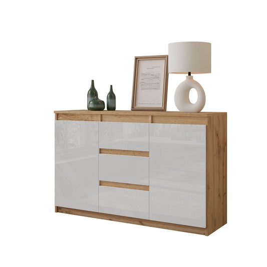 MIKEL - Kommode / Sideboard mit 3 Schubladen und 2 Türen - Wotan Eiche / Weiß Gloss H75cm B120cm T35cm