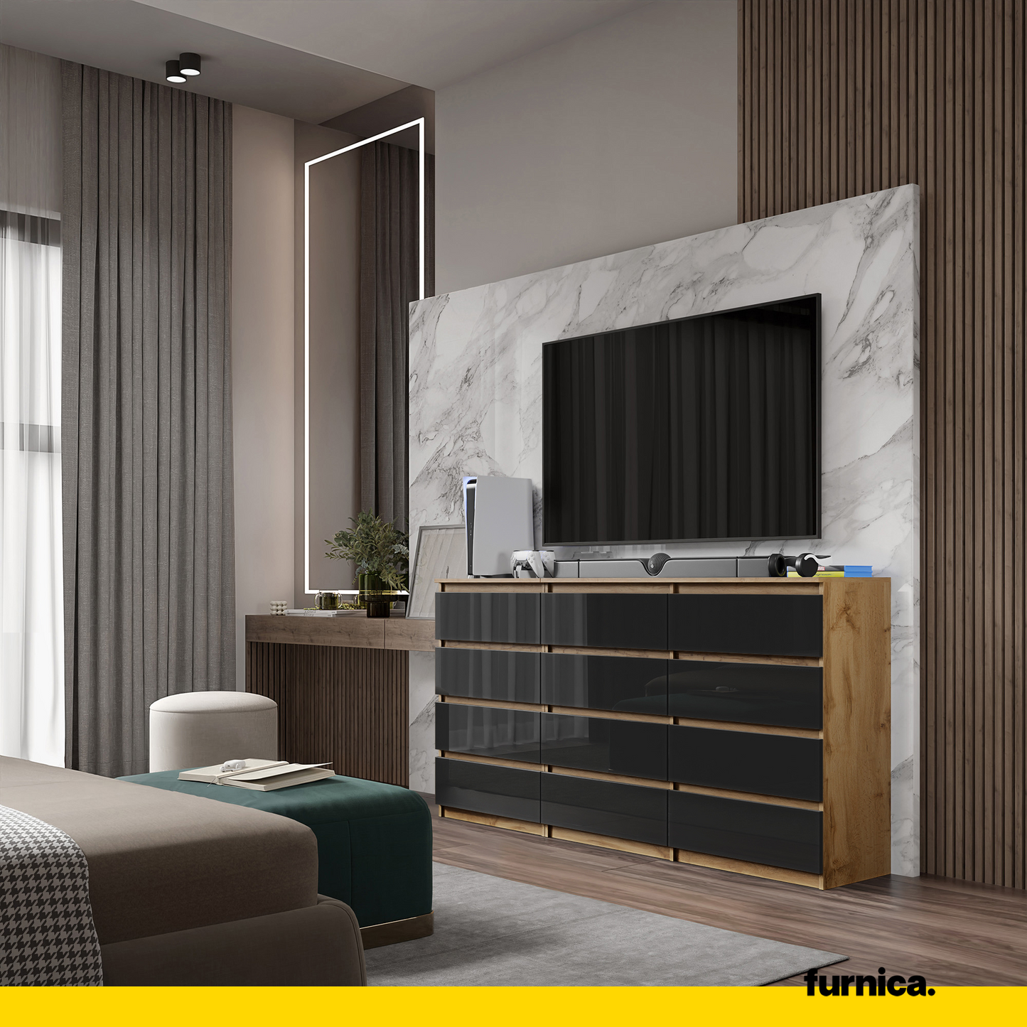 GABRIEL - Kommode / Sideboard mit 12 Schubladen (8+4) - Wotan Eiche / Schwarz Gloss H92cm B180cm T33cm