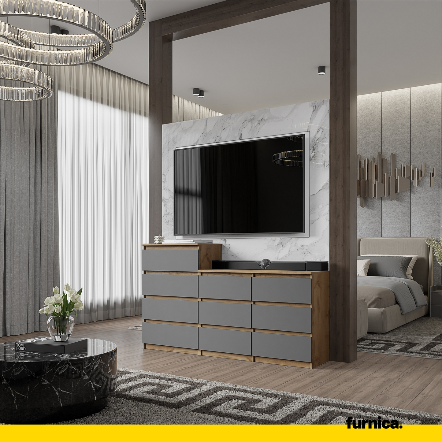 GABRIEL - Kommode / Sideboard mit 10 Schubladen (6+4) - Wotan Eiche / Anthrazit H92/70cm B160cm T33cm