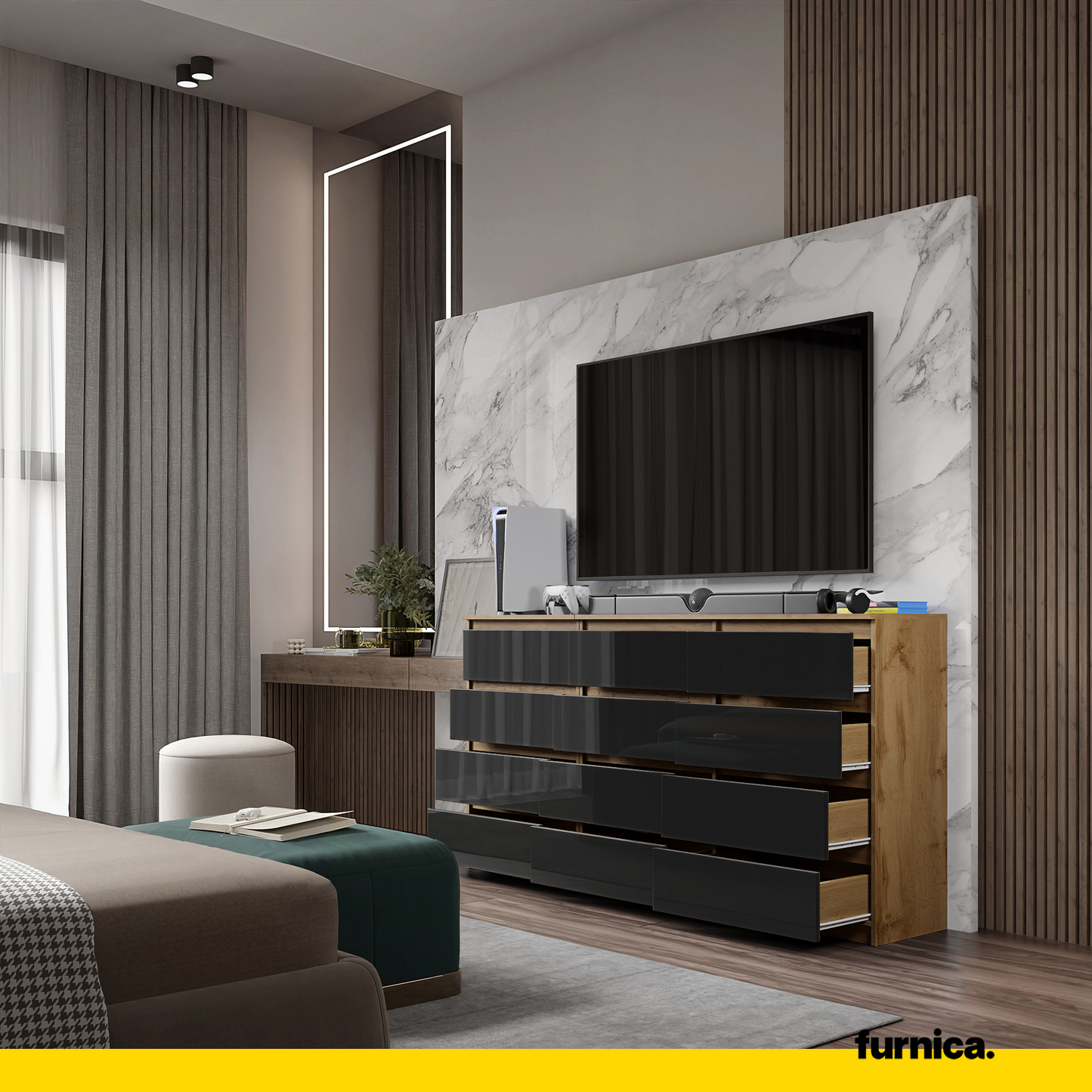 GABRIEL - Kommode / Sideboard mit 12 Schubladen (8+4) - Wotan Eiche / Schwarz Gloss H92cm B180cm T33cm