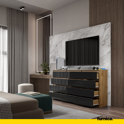 GABRIEL - Kommode / Sideboard mit 12 Schubladen (8+4) - Wotan Eiche / Schwarz Gloss H92cm B180cm T33cm