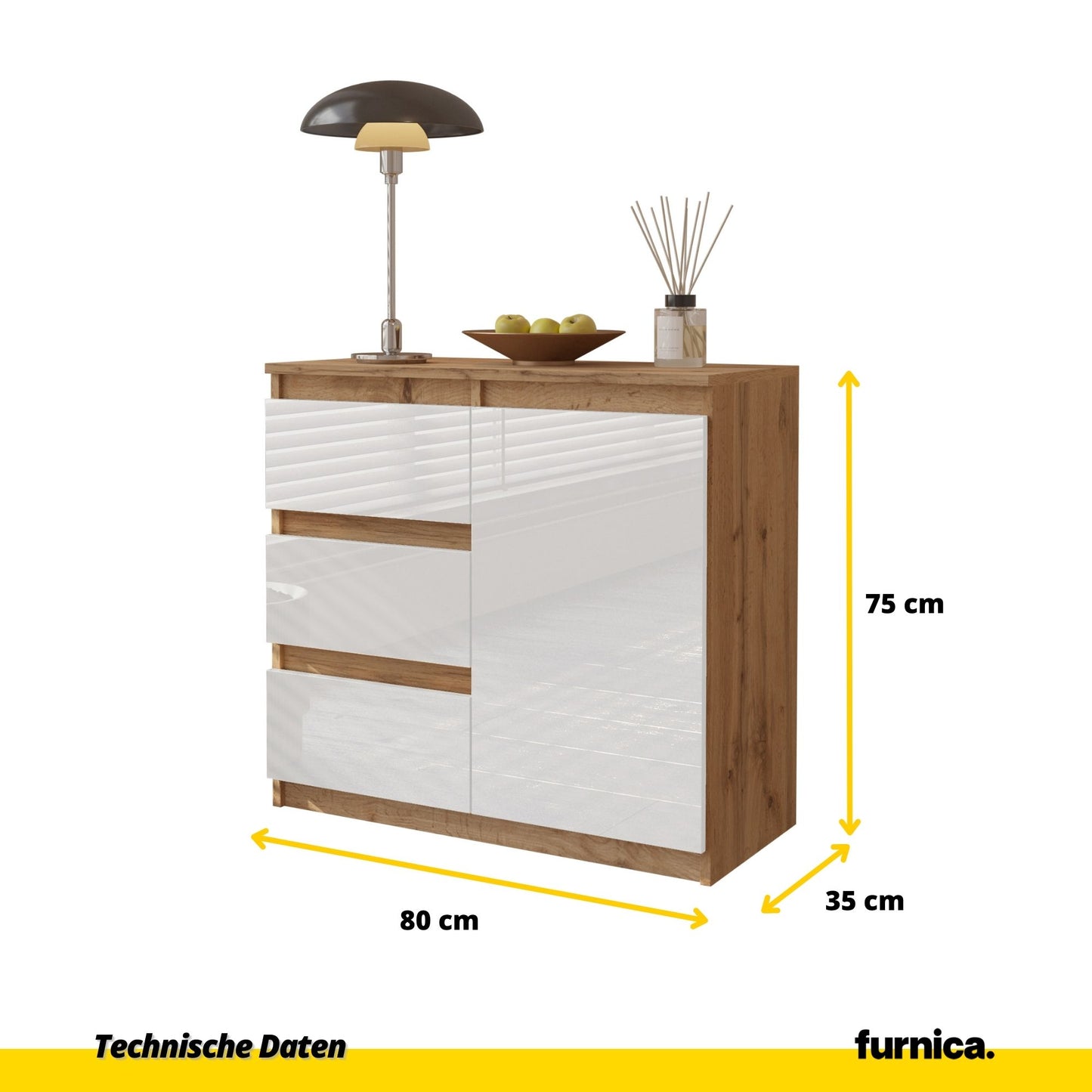MIKEL - Kommode / Sideboard mit 3 Schubladen und 1 Tür - Wotan Eiche / Weiß Gloss H75cm B80cm T35cm
