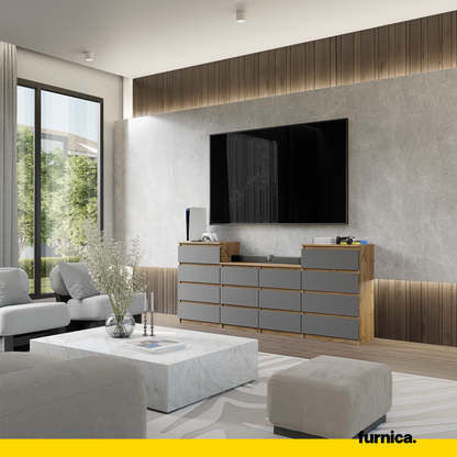 GABRIEL - Kommode / Sideboard mit 14 Schubladen (4+6+4) - Wotan Eiche / Anthrazit H92/70cm B220cm T33cm