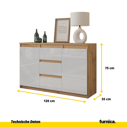 MIKEL - Kommode / Sideboard mit 3 Schubladen und 2 Türen - Wotan Eiche / Weiß Gloss H75cm B120cm T35cm