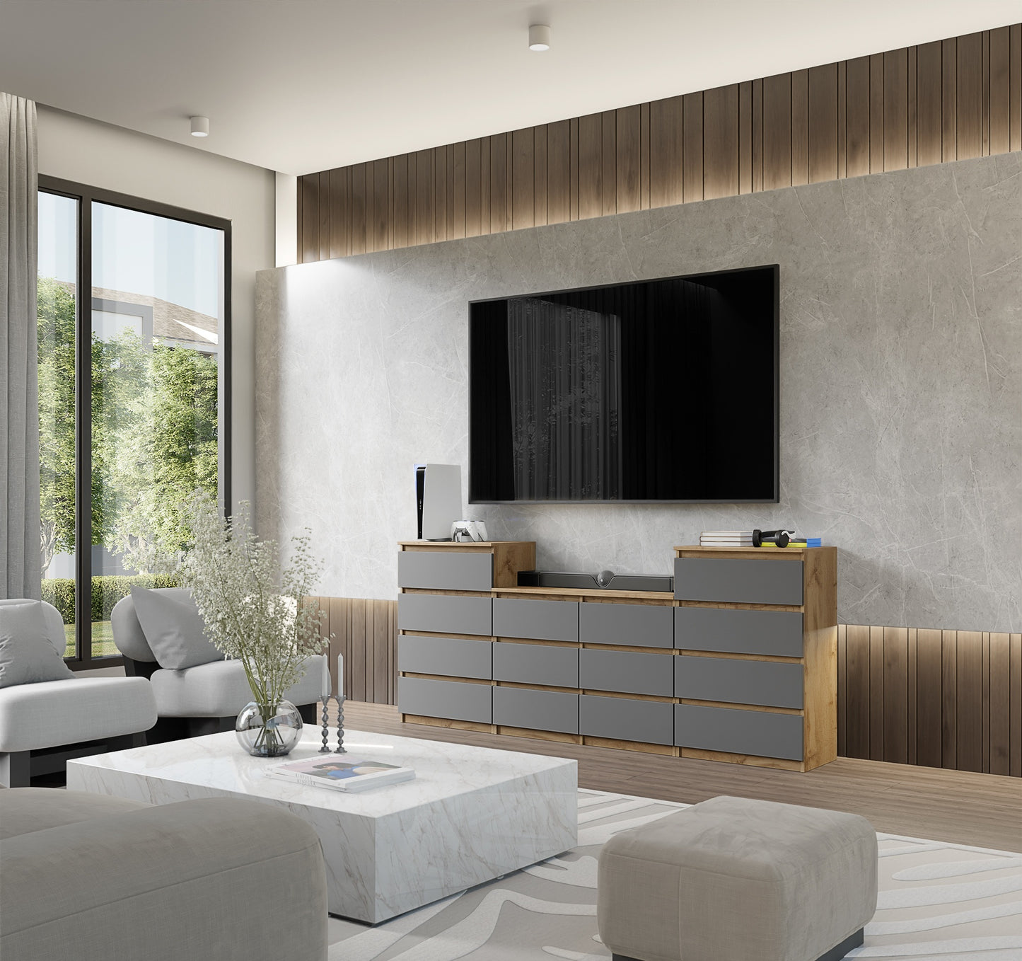 GABRIEL - Kommode / Sideboard mit 14 Schubladen (4+6+4) - Wotan Eiche / Anthrazit H92/70cm B220cm T33cm
