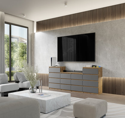 GABRIEL - Kommode / Sideboard mit 14 Schubladen (4+6+4) - Wotan Eiche / Anthrazit H92/70cm B220cm T33cm